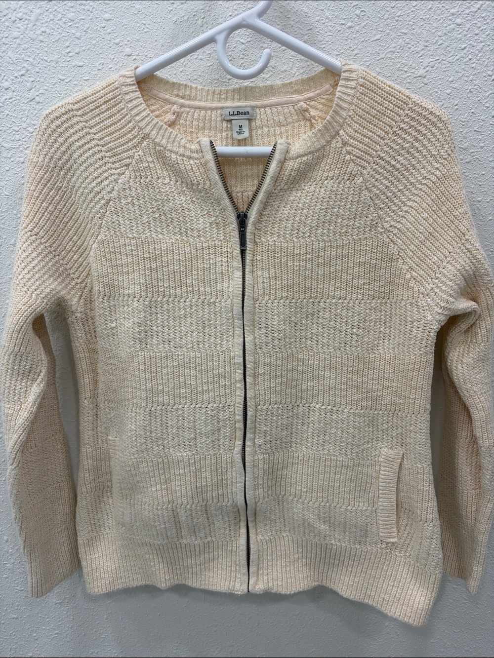 L.L. Bean Cream Zip-Front Knit Cardigan